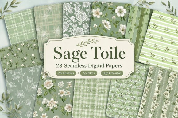 Download Sage Toile Digital Paper Pack, Vintage - Digital paper Collection