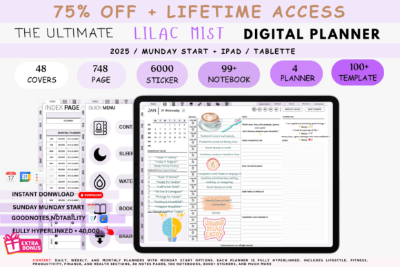 Download Lilac Mist Scheduled Digital Planner - Digital planner Collection