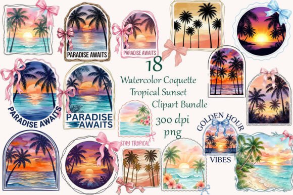 Download Watercolor Coquette Tropical Sunset PNGs - Premium Bundle